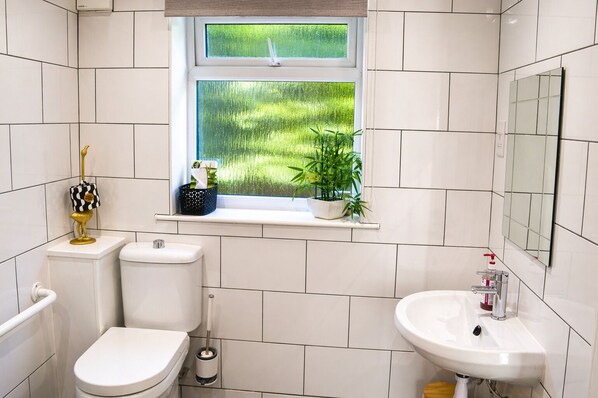 A bathroom with a toilet, sink, window, and potted plants. - Lodge 2 - Lytton Tree Lodge (Reydon)