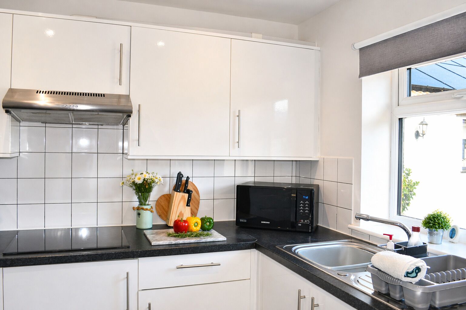 Fridge, microwave, electric kettle, toaster