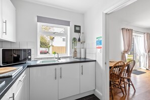 Fridge, microwave, electric kettle, toaster