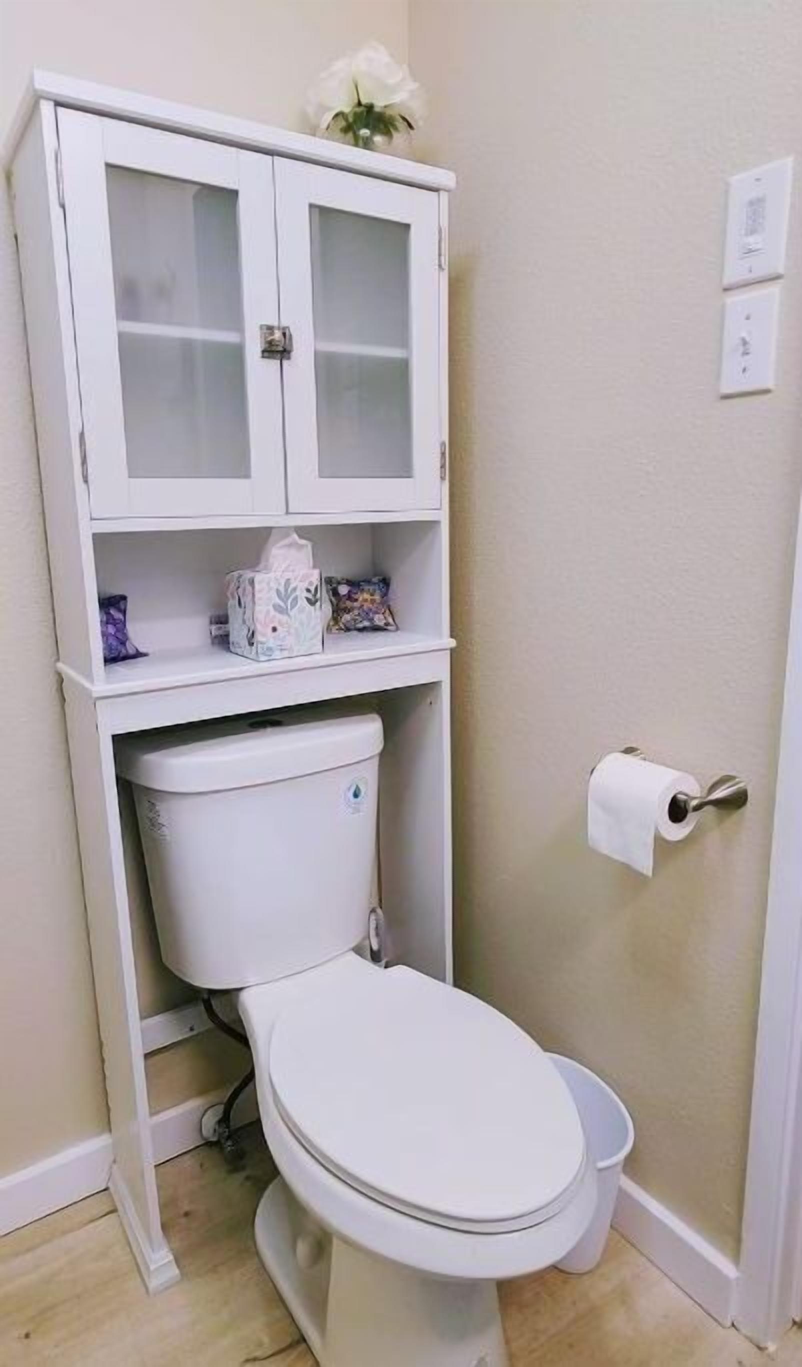 A bathroom with a toilet, a cabinet with glass doors, and a toilet paper holder.
