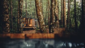 A cabin in a forest with a deck and a dining area.