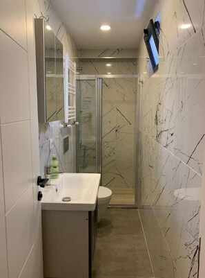 Douche, séchoir à cheveux, serviettes fournies