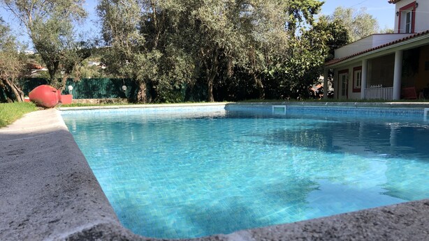 A clear swimming pool with a stone edge, surrounded by trees and a house in the background. - Lisbon Cozy House w/Garden and Pool (Barcarena)