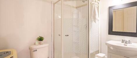 Hair dryer, towels, soap, shampoo