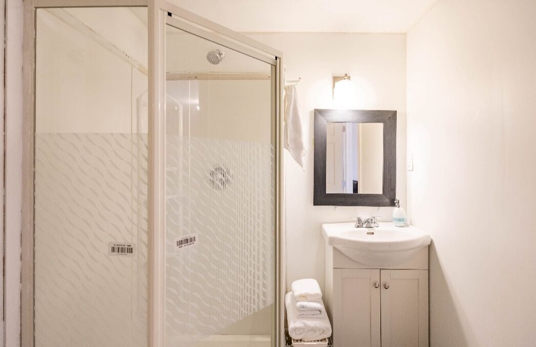 Hair dryer, towels, soap, shampoo