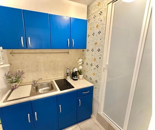 Kjøleskap, ovn, kokeplater og vannkoker