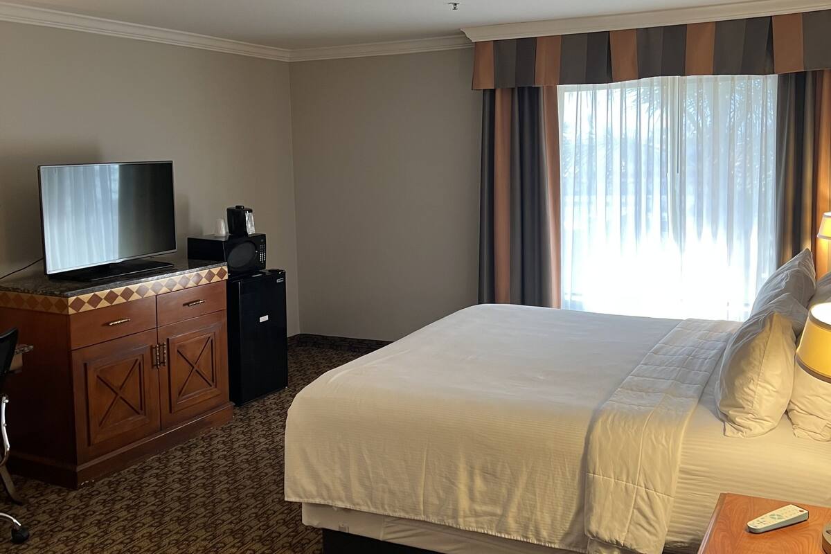 A hotel room with a bed, a desk with a television, a coffee maker, and a lamp.