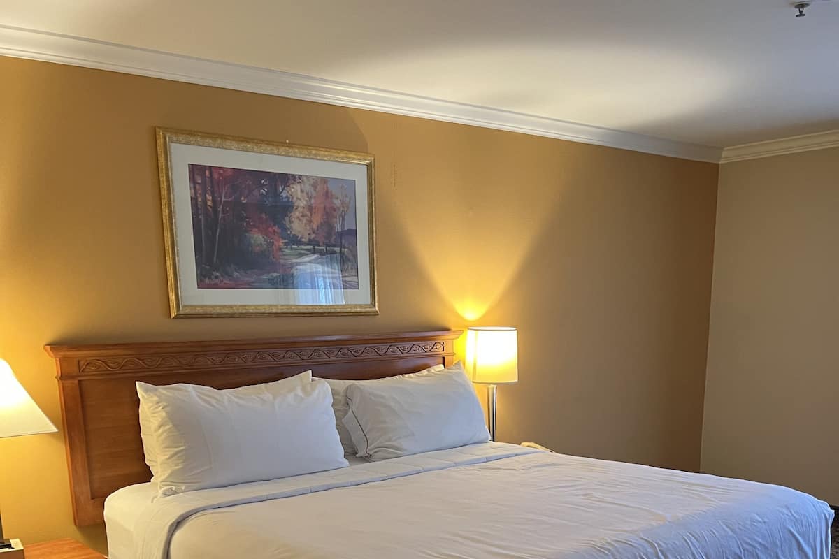 A neatly made bed with white linens, a wooden headboard, and two bedside lamps.