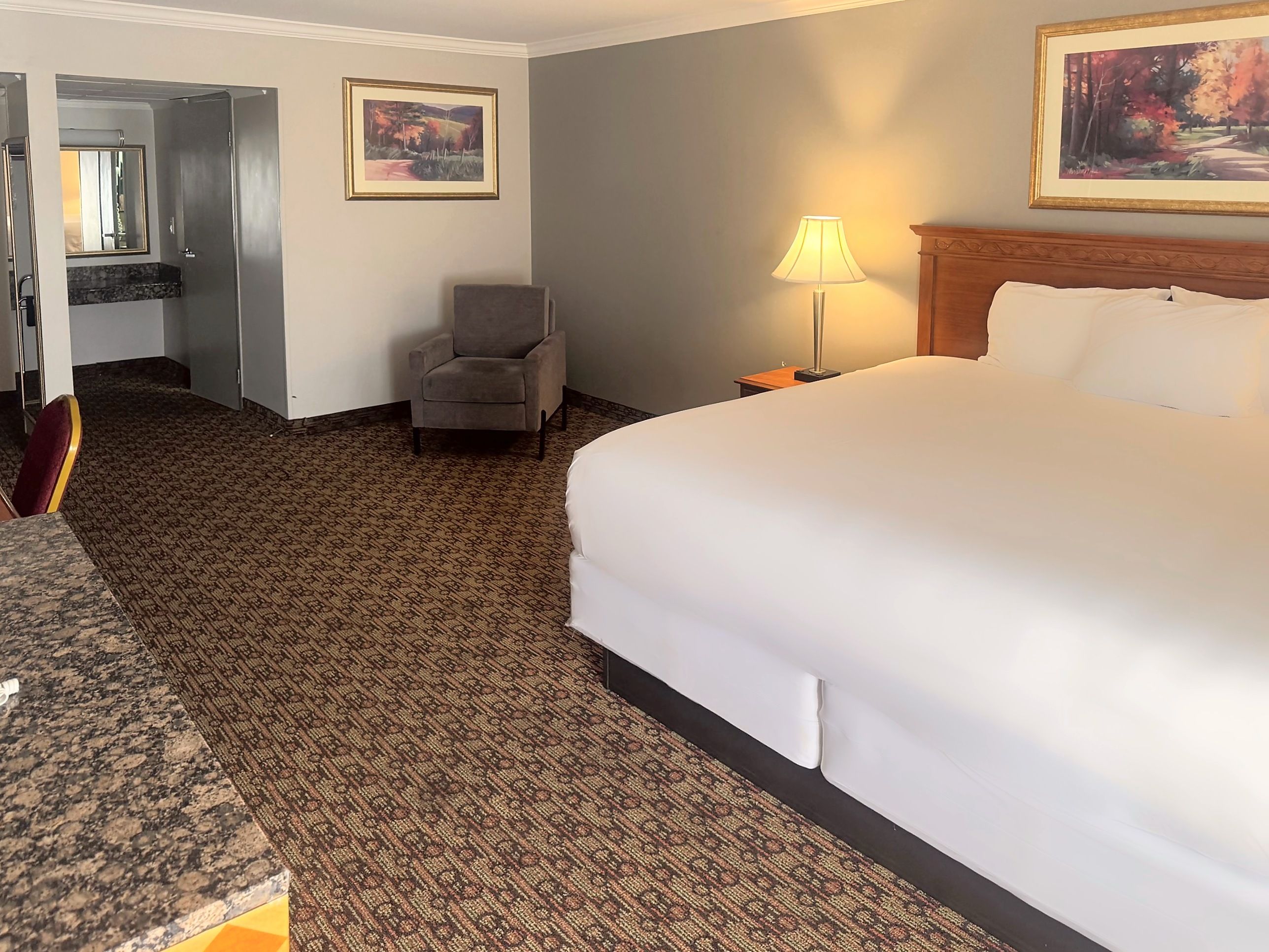 Habitación de hotel con una cama, una silla, un escritorio, una lámpara y dos cuadros en las paredes.