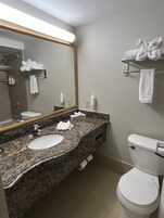 A bathroom with a granite countertop sink, a mirror, a toilet, and a towel rack.