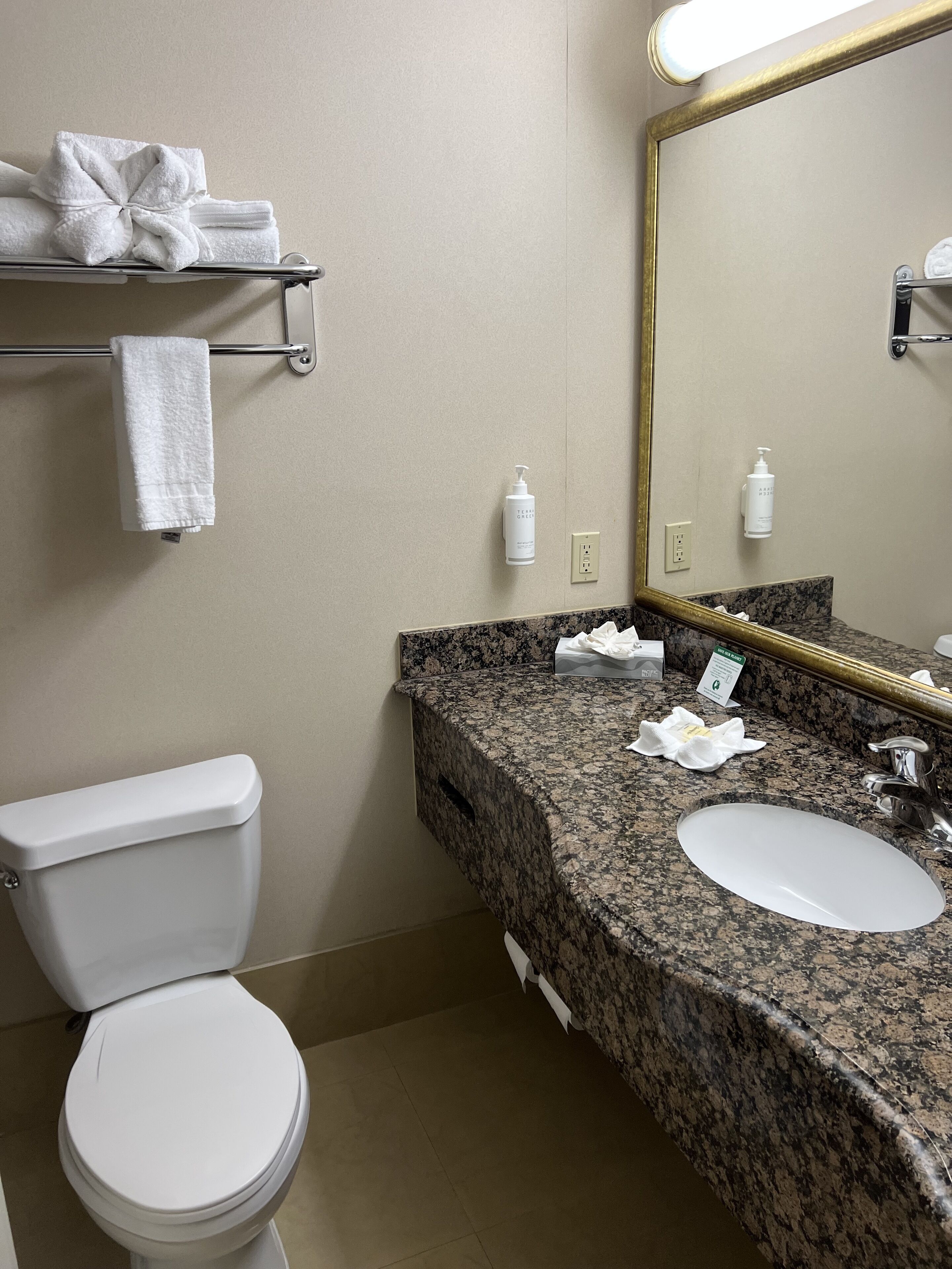 Un baño con inodoro, lavamanos, espejo y toallero.