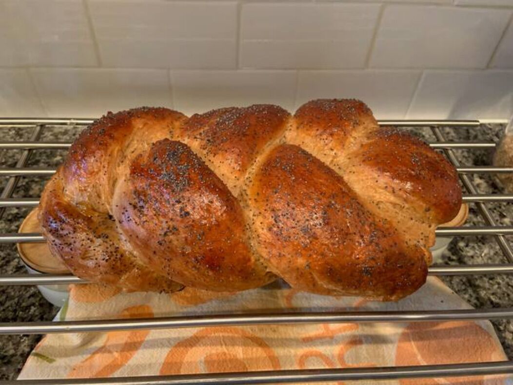 A loaf of bread on a cooling rack.