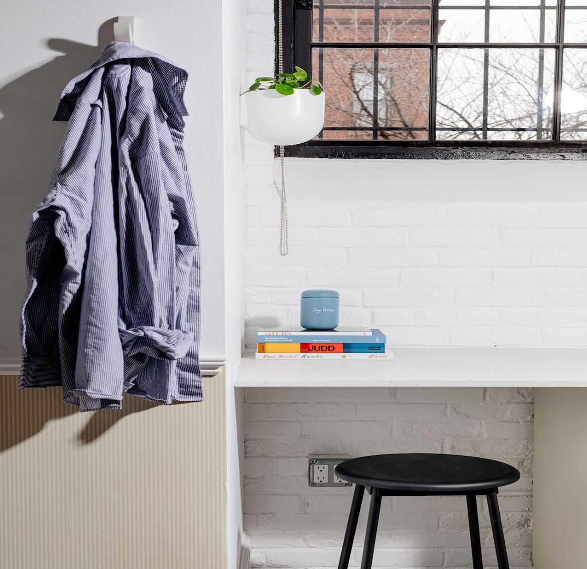 A room with a hanging plant, a stack of books, a blue container, and a black stool.