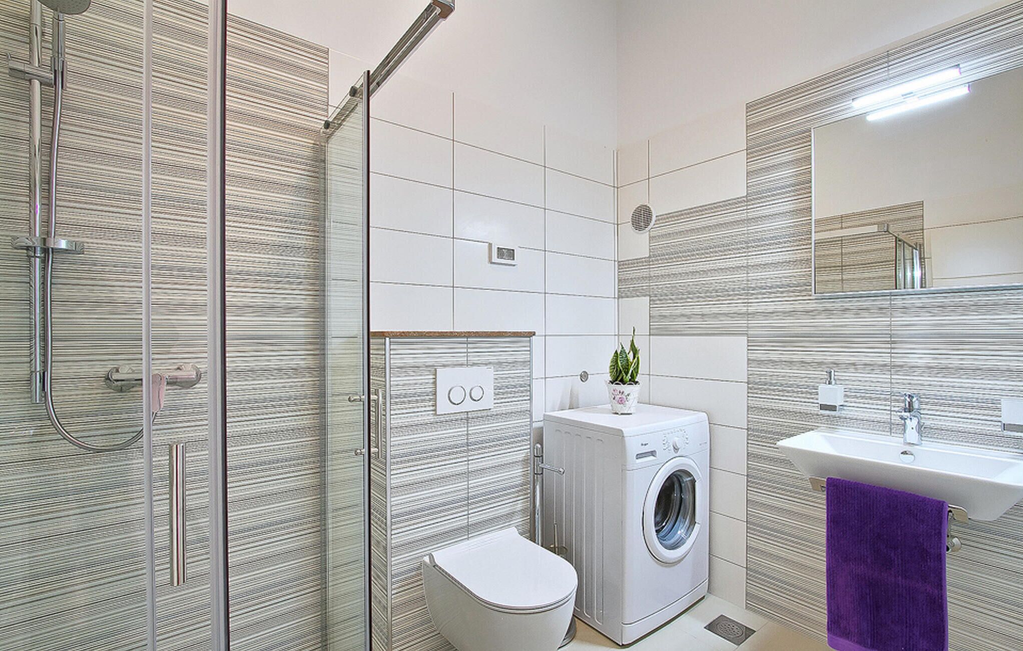 Un bany modern amb dutxa, vàter, rentadora i un lavabo.