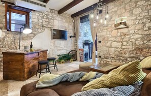 Télévision, cheminée, lecteur de DVD, chaîne hi-fi