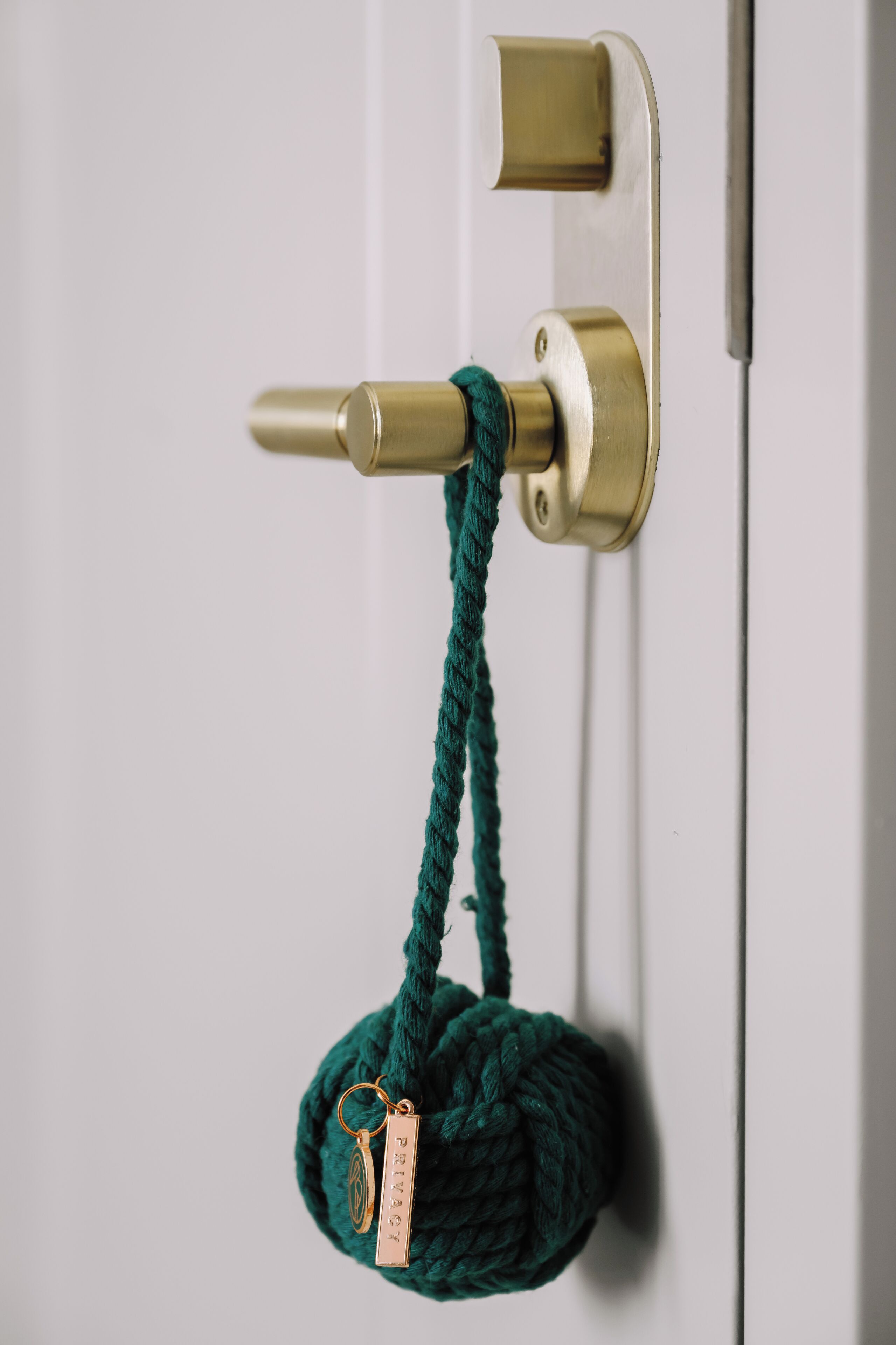 A door with a brass handle and a green rope tied to it.