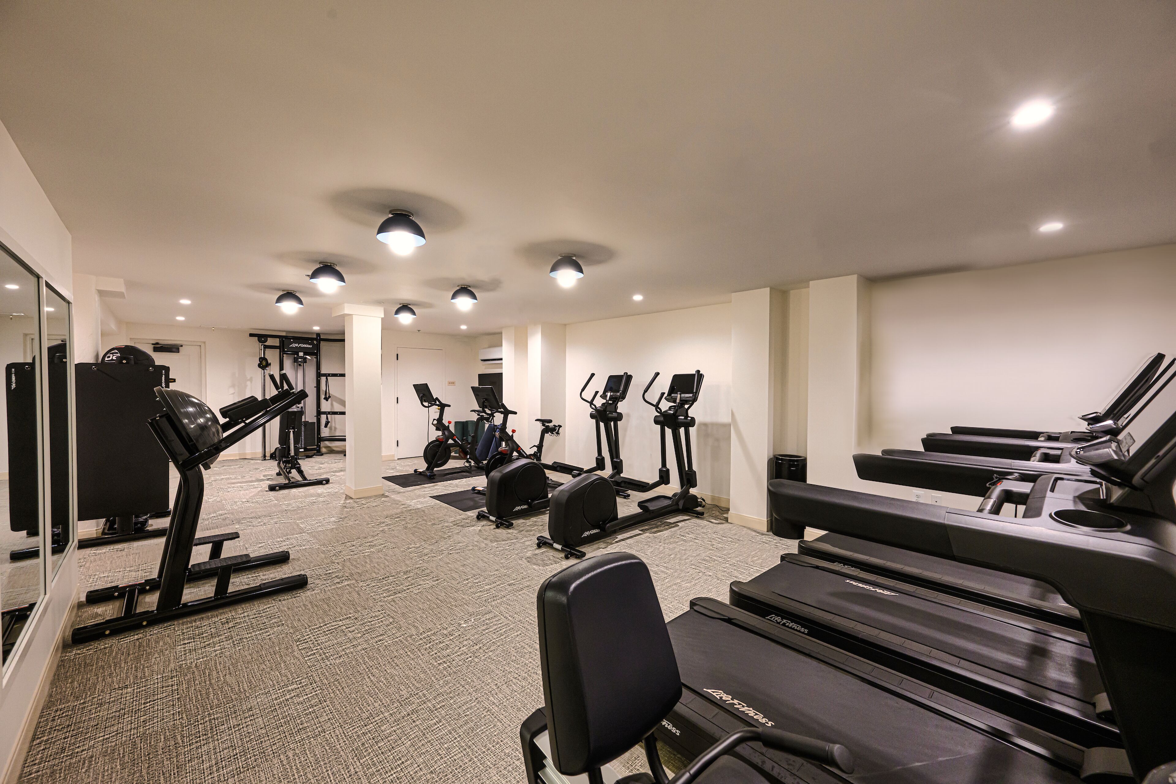 Ett gym med löpband, crosstrainers och styrketräningsutrustning.