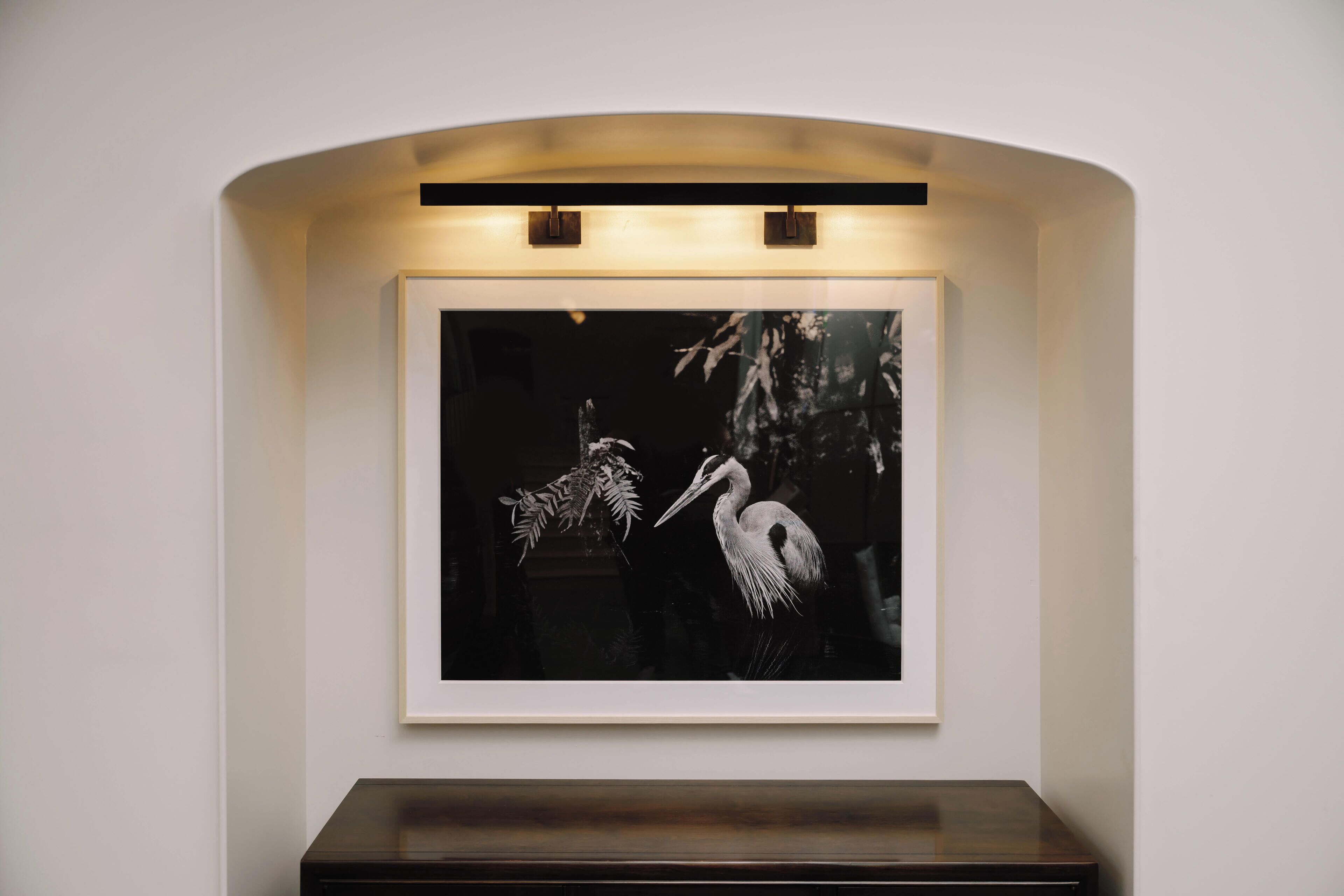A framed black and white photograph of two birds on a wall.
