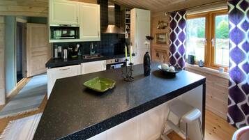 Fridge, stovetop, dishwasher, coffee/tea maker