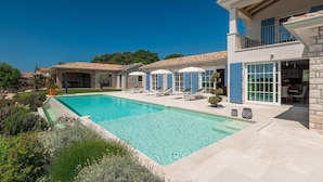 Une villa moderne dotée d’une piscine, d’un espace extérieur aménagé et d’une façade en pierre.