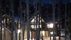 A cabin with a wooden exterior, surrounded by snow-covered ground and bare trees, indicating a winter setting. - "House in the Forest" Secluded 4BD/3BA luxury home, hot tub, privacy (Crested Butte)