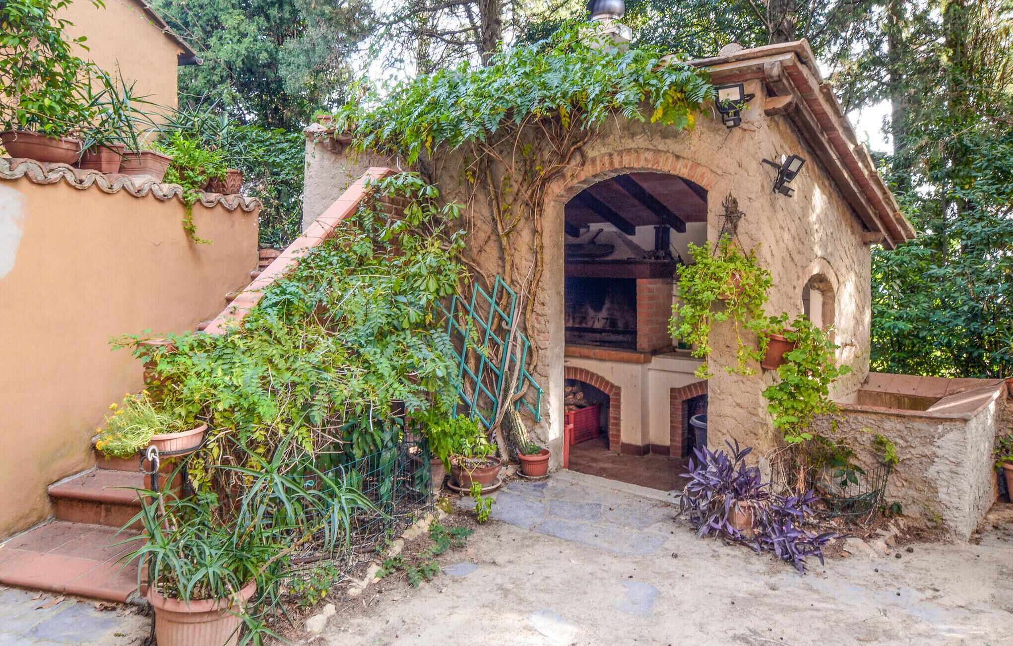 A rustic stone archway leading to a covered area with potted plants and a fireplace.