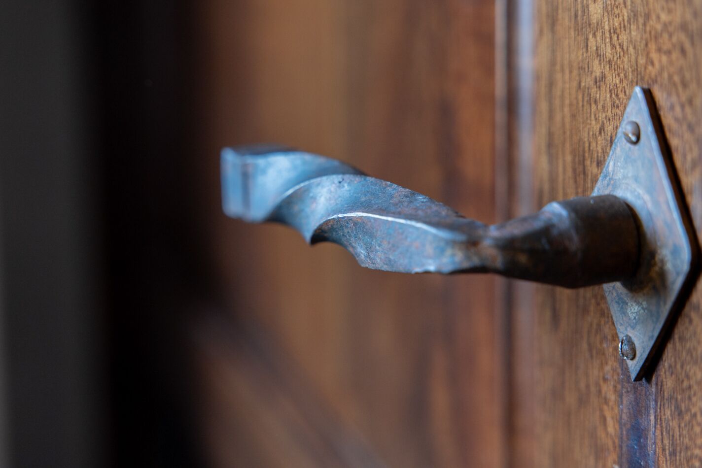 Un gros plan d’une poignée de porte en métal fixée à une porte en bois.