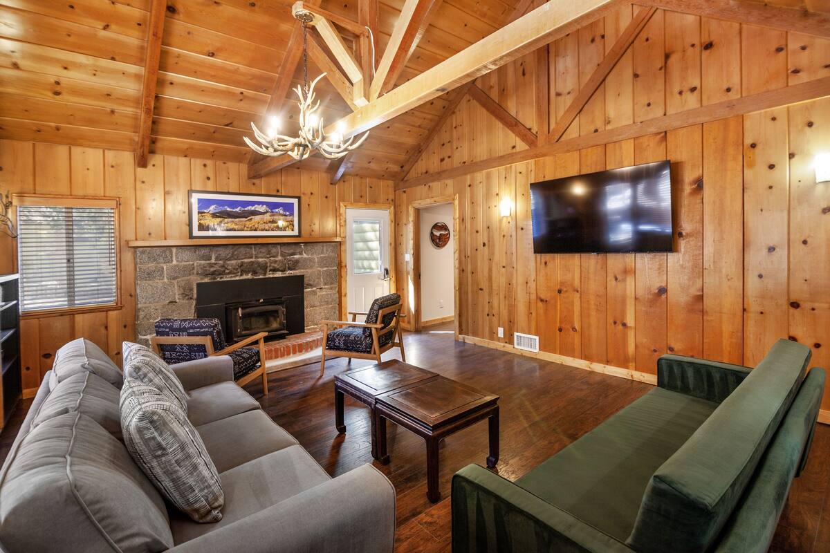 A cozy living room with a fireplace, wooden walls, a sofa, a green armchair, and a flat-screen TV.