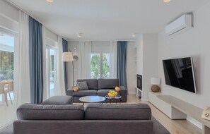 Fernseher, Kamin, Tischtennisplatte, Stereoanlage