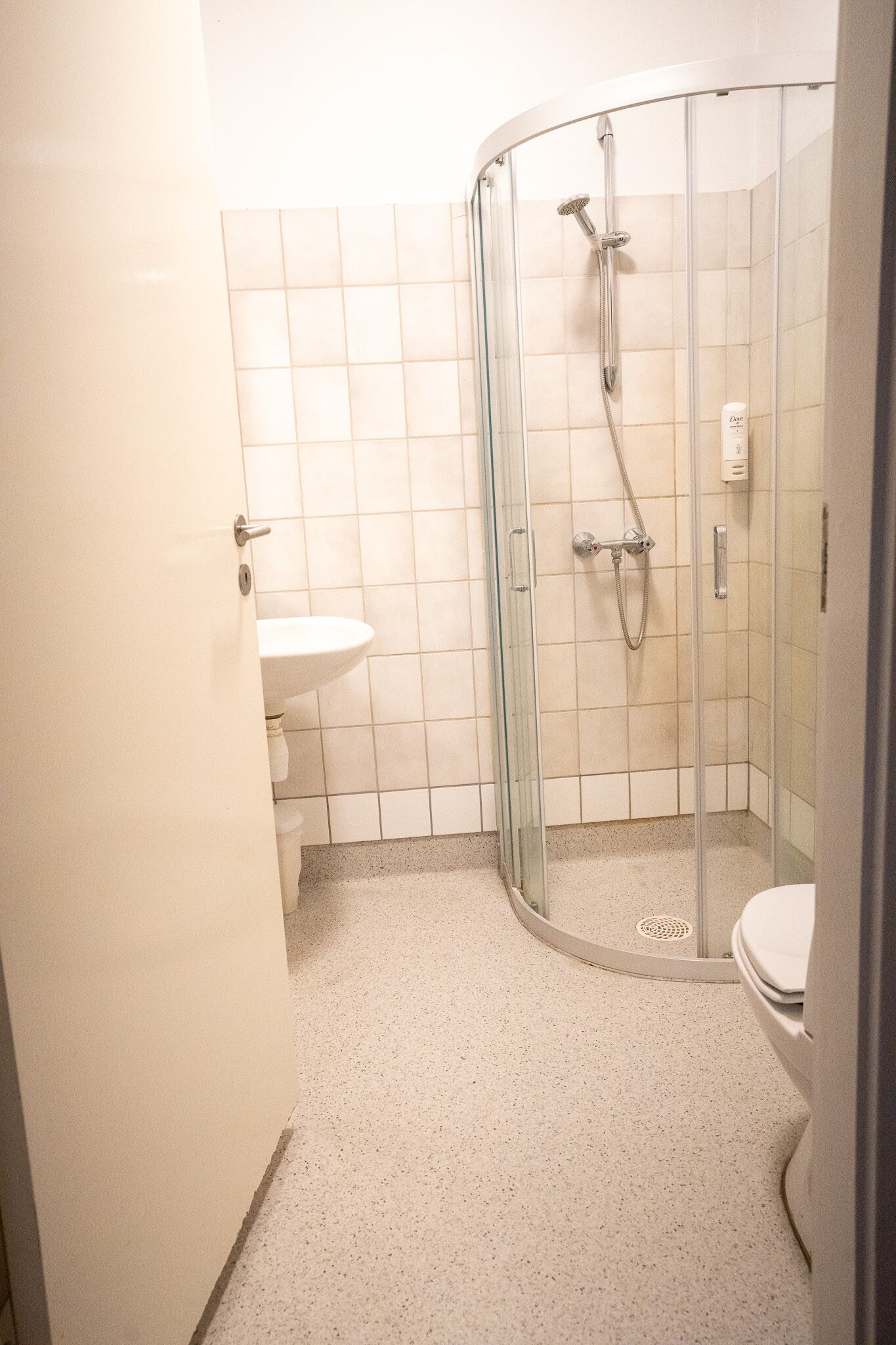 A bathroom with a glass-enclosed shower, a white sink, and a toilet.