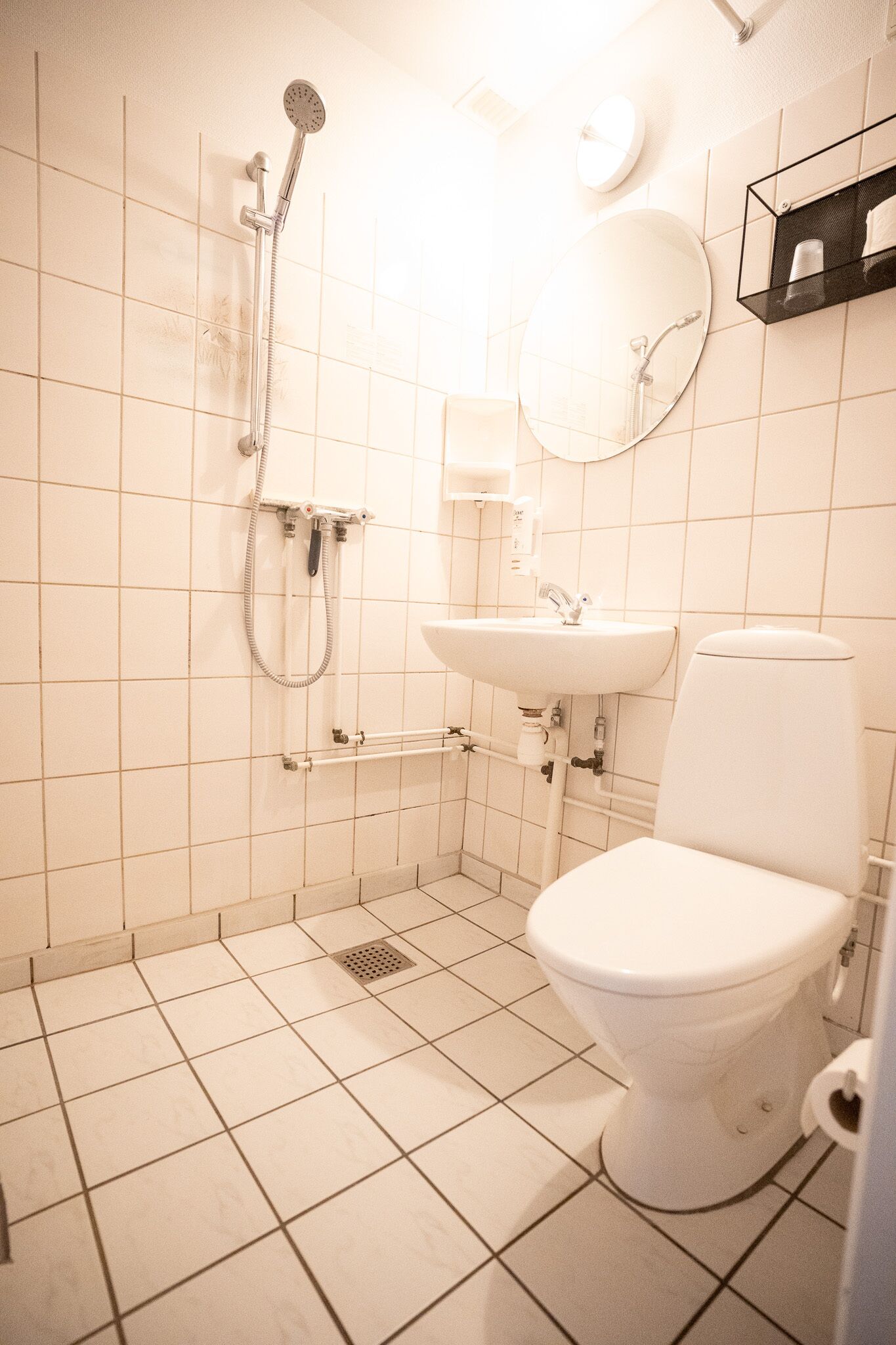 Un baño con inodoro, lavabo, espejo y ducha.
