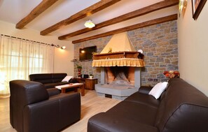 Televisión, chimenea, reproductor de DVD y estéreo 