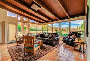 Smart TV, fireplace, books, music library