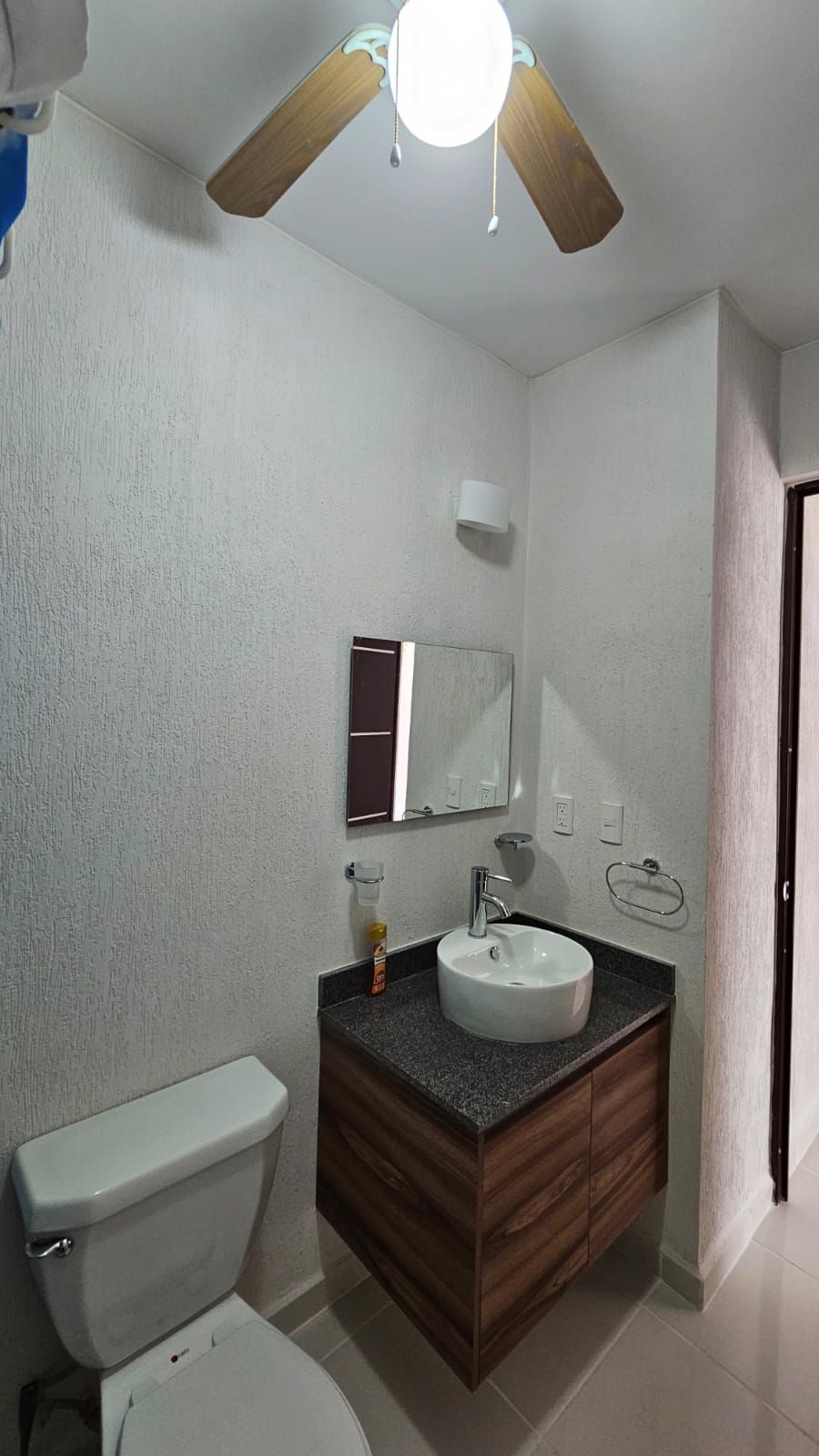 A bathroom with a toilet, sink, vanity, mirror, and ceiling fan.