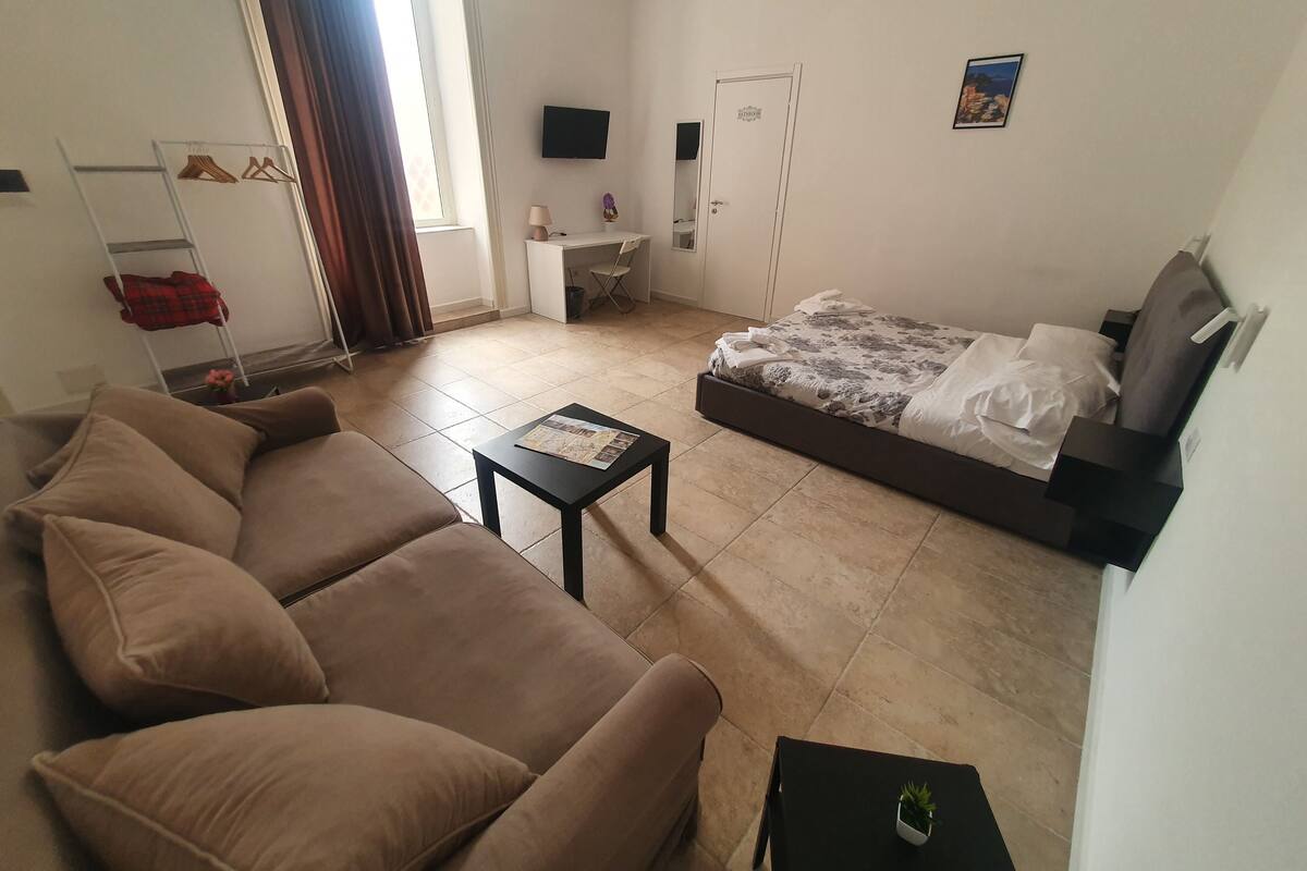 A furnished room with a sofa, a bed, a small table, a TV, and a desk.