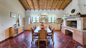 A spacious kitchen with a large dining table, a brick fireplace, and a wooden ceiling. - Lovely home in Rovinj (Rovinj)