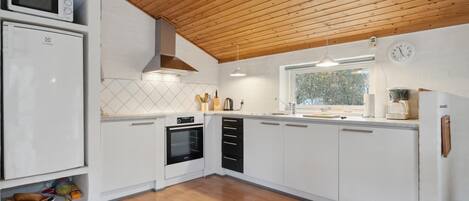 Fridge, stovetop, dishwasher, coffee/tea maker