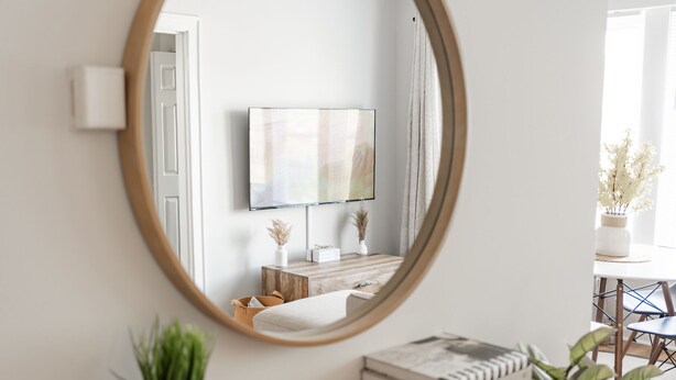 A modern living room with a round mirror, a flat-screen TV, a wooden coffee table, and a potted plant. - Stylish and Comfy Studio near Loyola Park (Chicago)