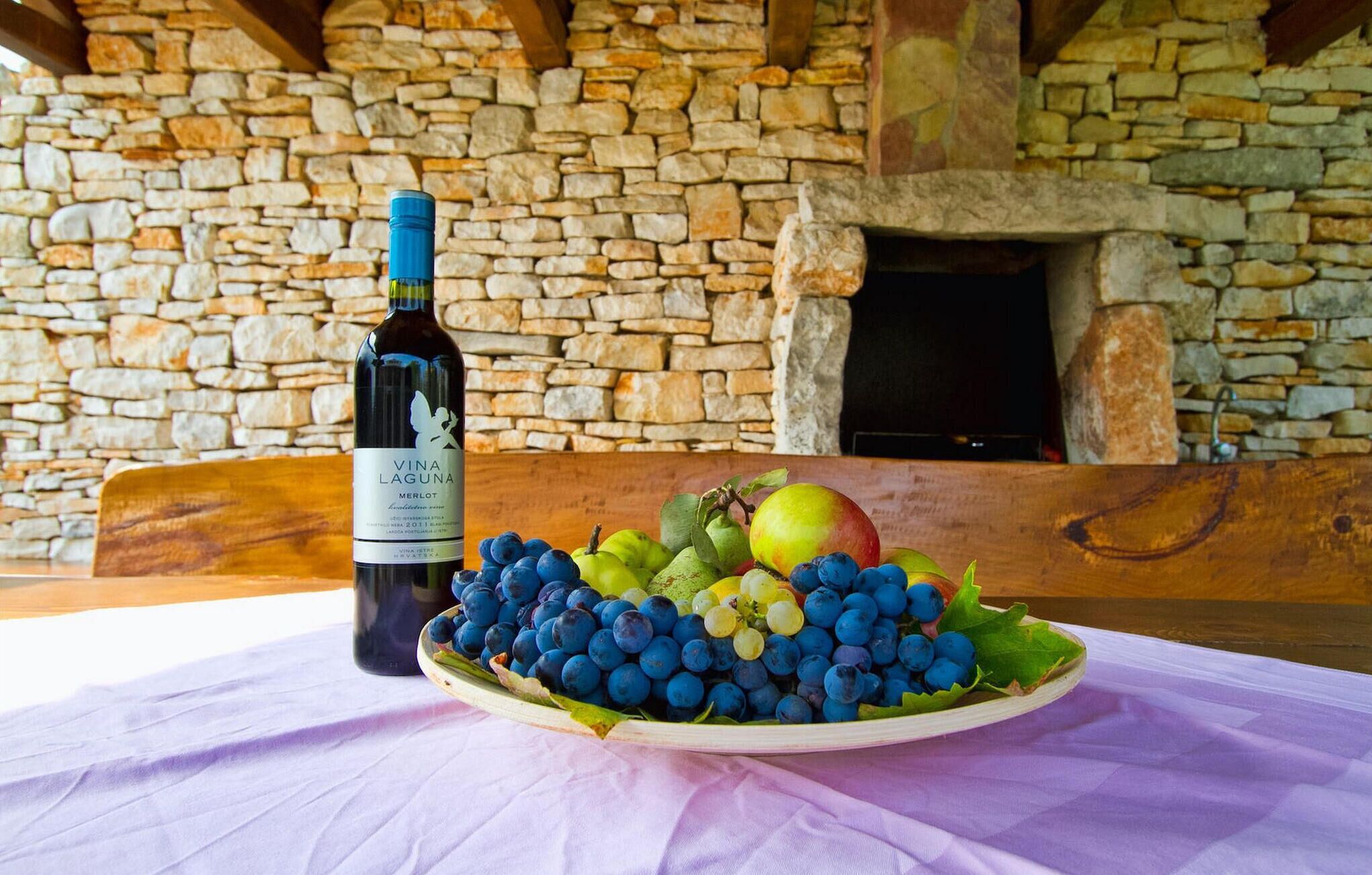 Een fles Vina Laguna Merlot wijn, een bord met druiven en een schaal fruit op een tafel, met een stenen muur op de achtergrond.