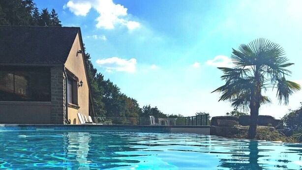 Una piscina limpida con un edificio in pietra e una palma sullo sfondo.