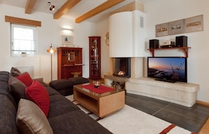 Televisión, chimenea, reproductor de DVD y tenis de mesa 