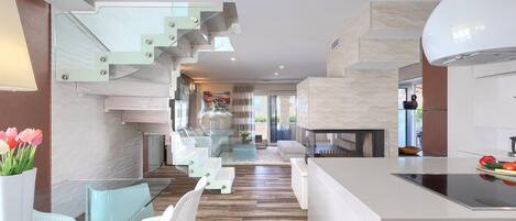 Fridge, oven, dishwasher, coffee/tea maker