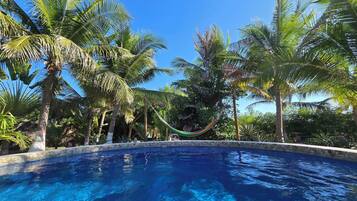 Alberca al aire libre, acceso de 08:00 a 23:00, y camastros