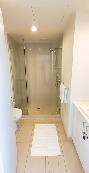 Shower, hair dryer, towels, soap
