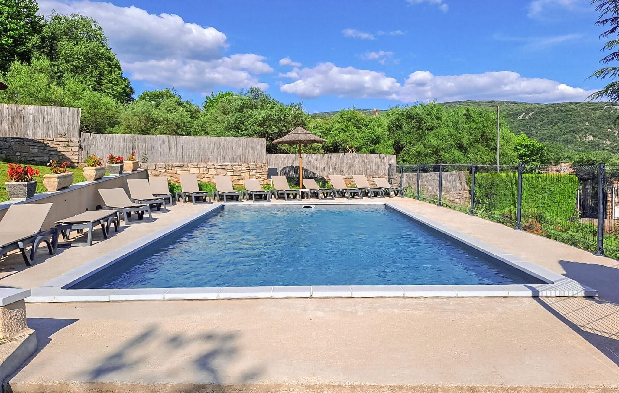 Una piscina rectangular con sillas de descanso y plantas en macetas a lo largo del borde.
