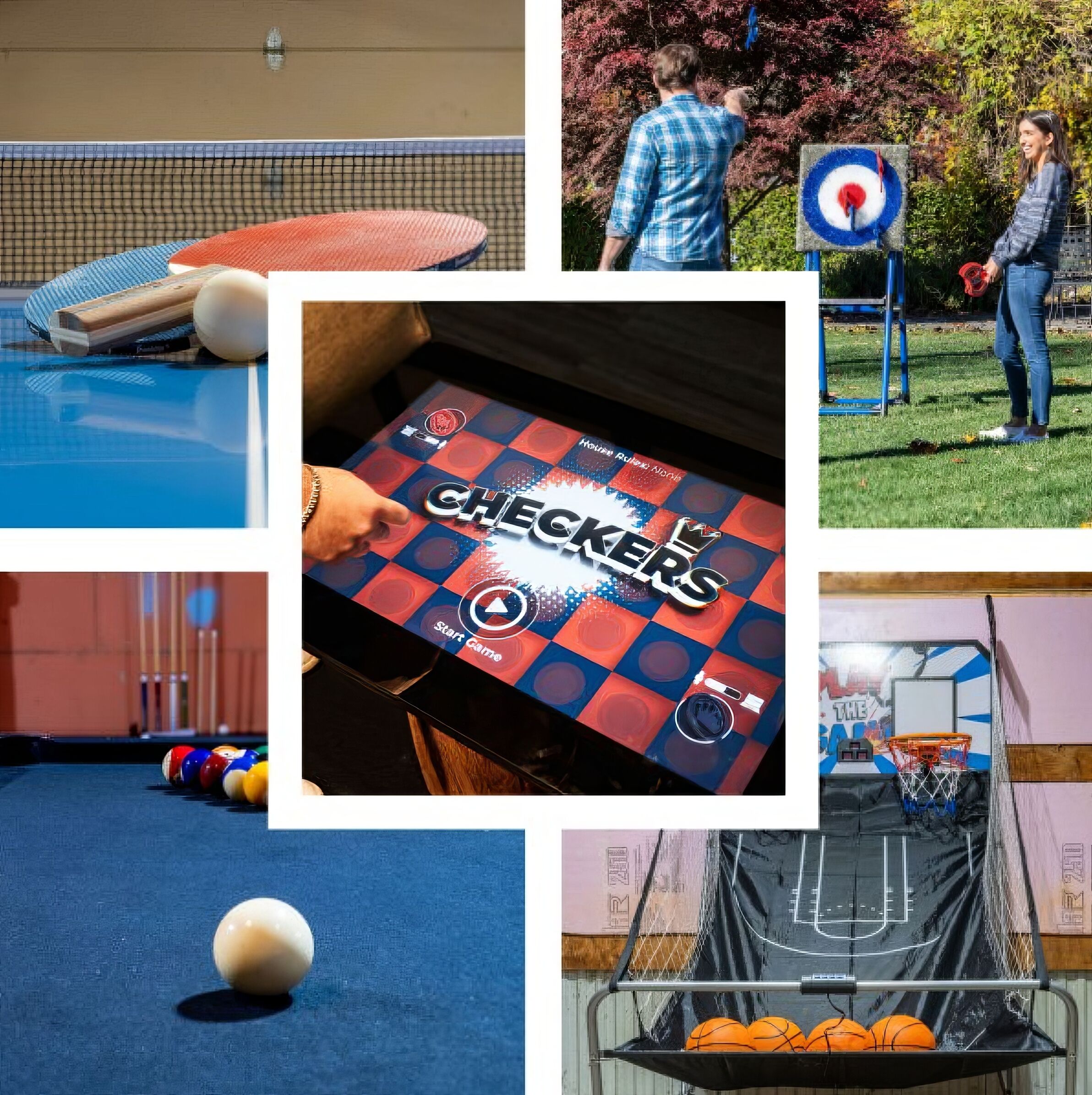 Een pooltafel met biljartballen, een dartbord, een digitaal scorebord en een basketballen.