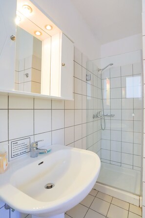 Douche, séchoir à cheveux, serviettes fournies