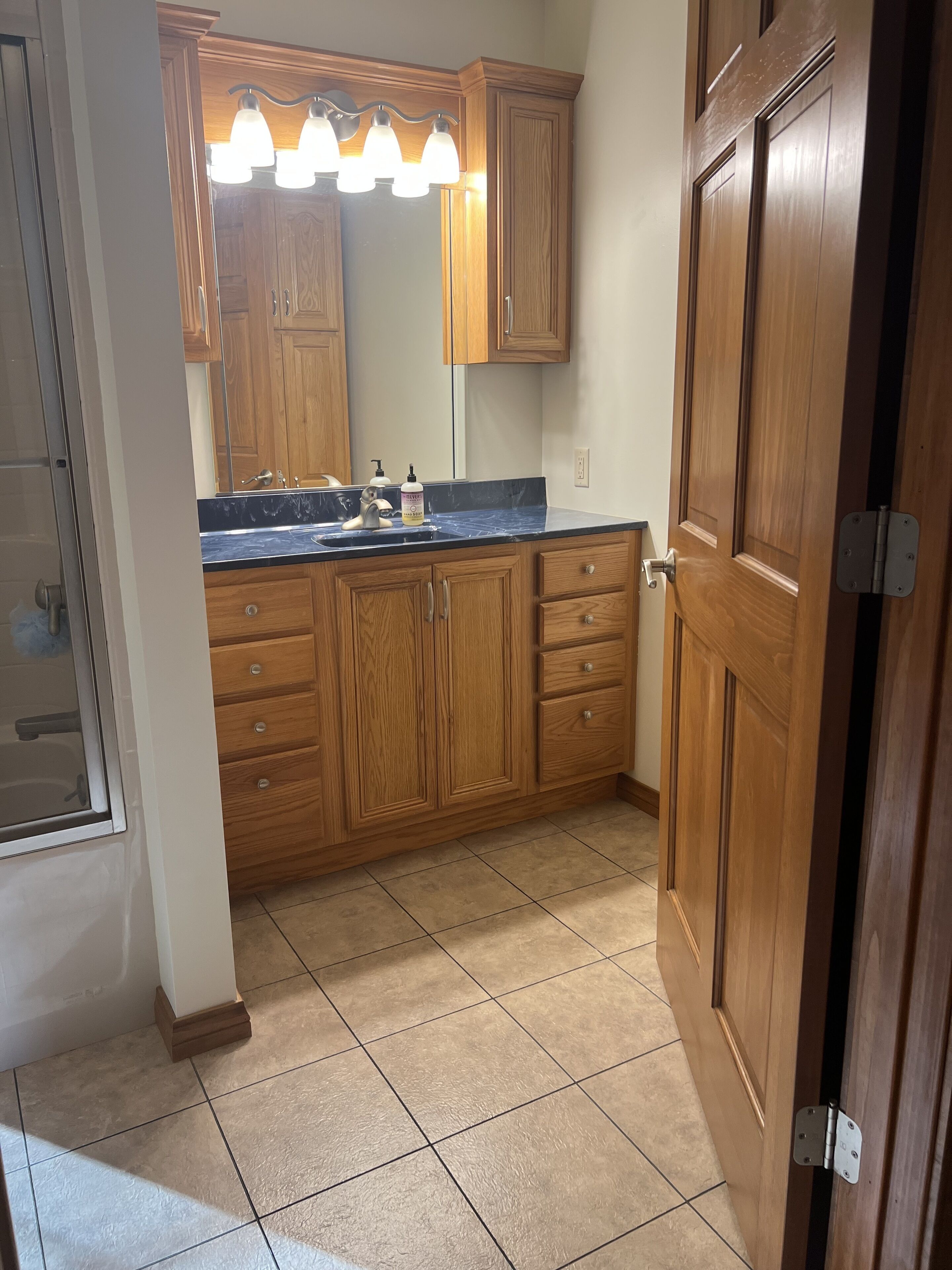 Chuveiro, toalhas de banho, sabonete, papel higiênico