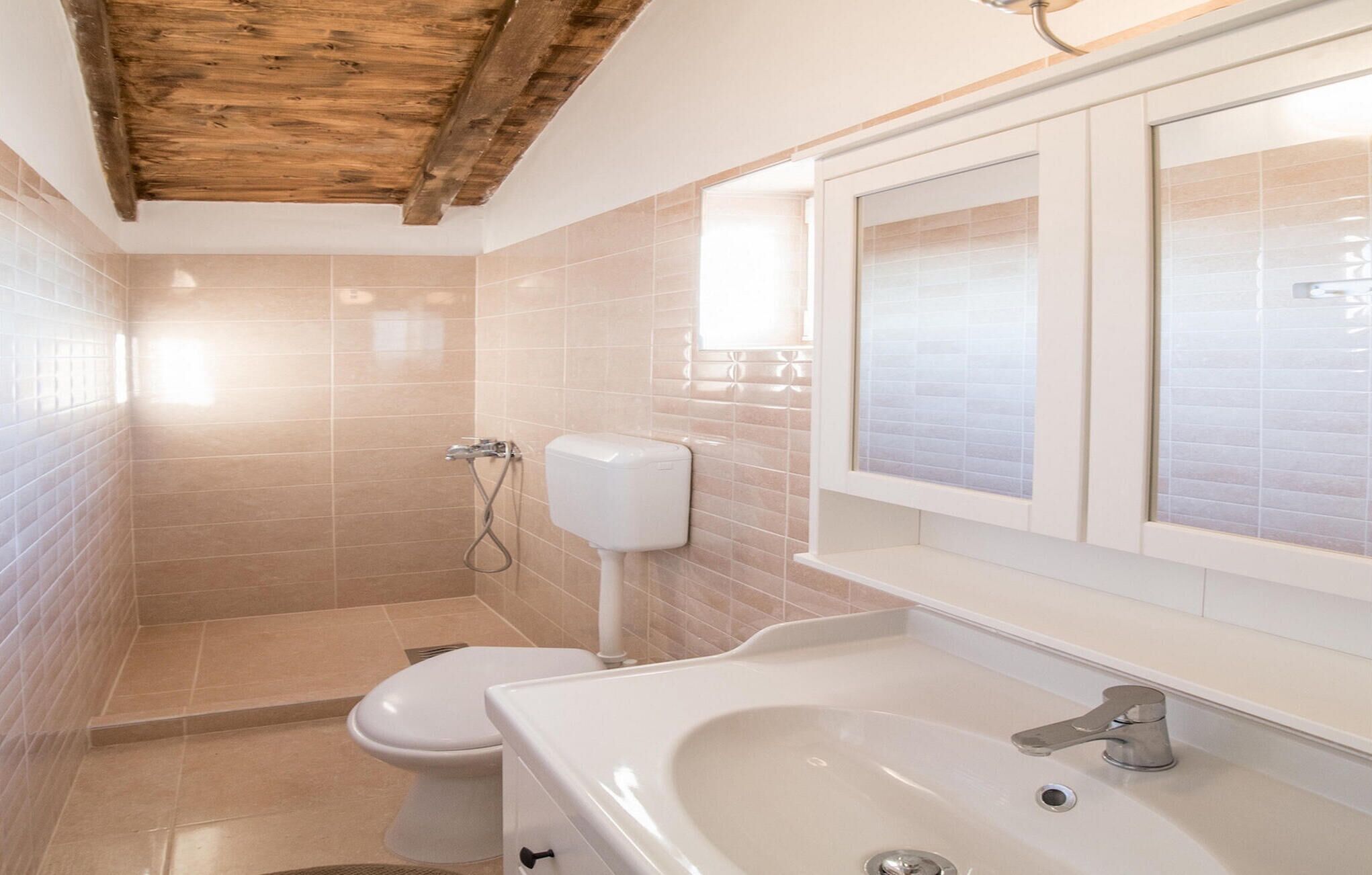 Une salle de bain avec un plafond en bois, des toilettes, un lavabo et une douche.