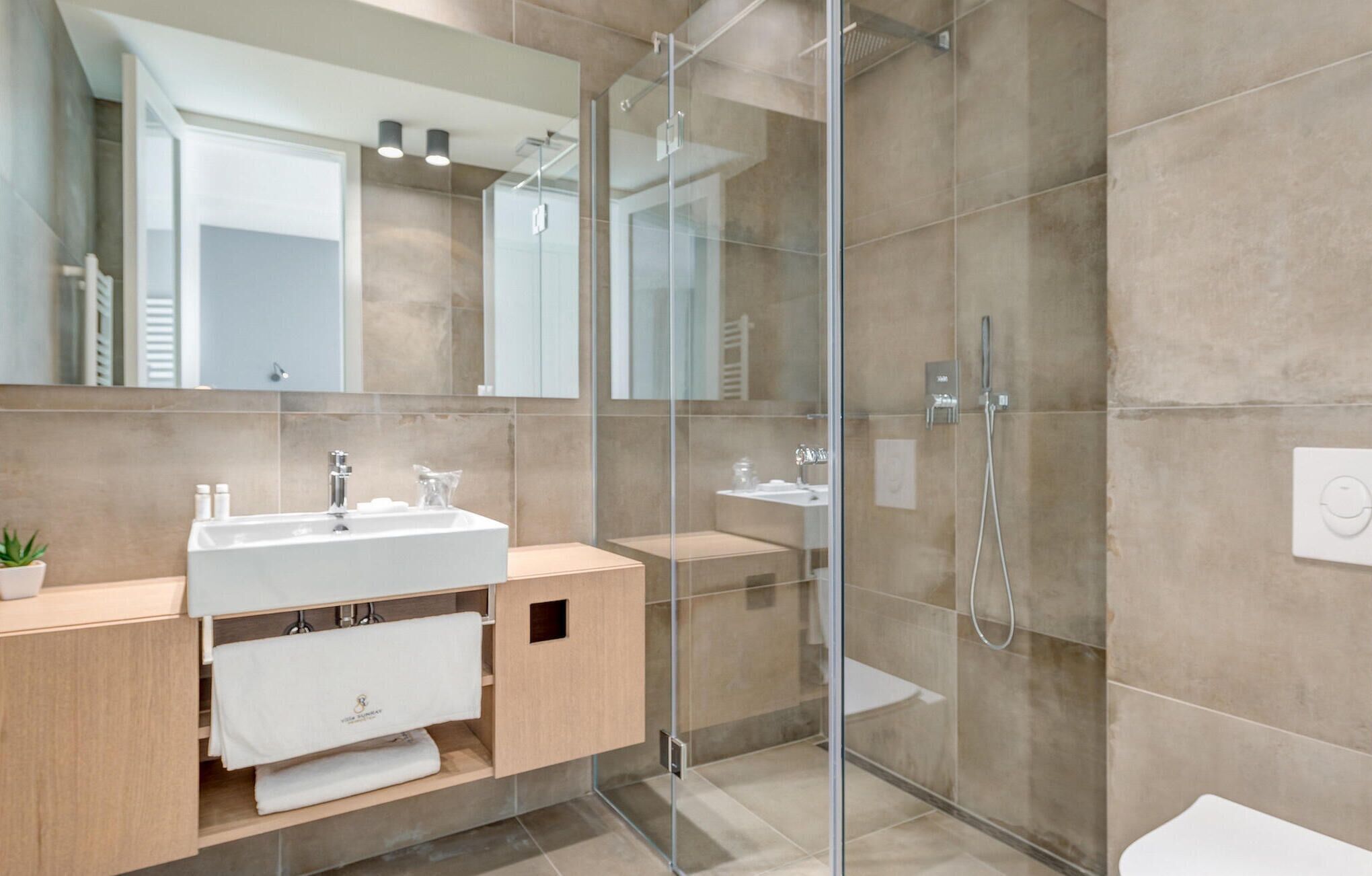 A modern bathroom with a glass shower enclosure, a vanity with a sink, and a mirror.